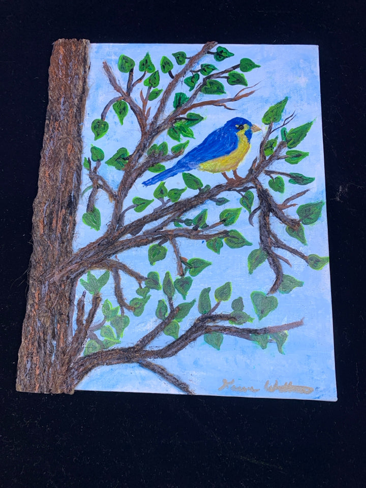 SMALL TEXTURED TREE CANVAS W/ BLUE BIRD.