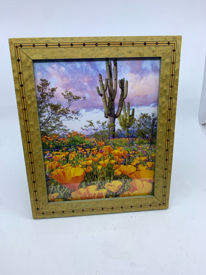 CACTUS W FLORAL IN TAN FRAME DECOR.