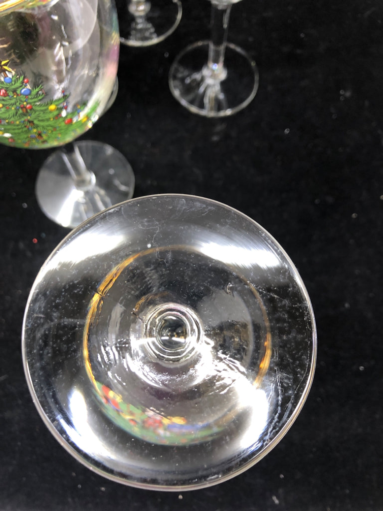 5 TALL WINE GOBLETS CHRISTMAS TREE/GOLD TRIM.