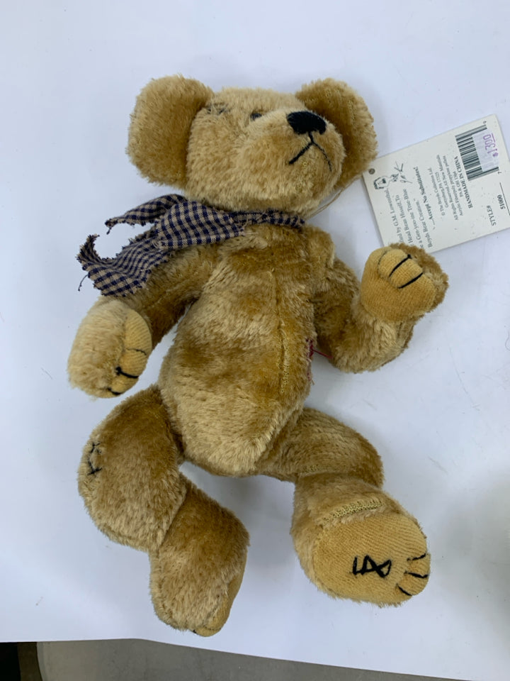 SHORT HAIR TAN BEAR W/ BLUE PLAID BOW BOYDS BEAR.