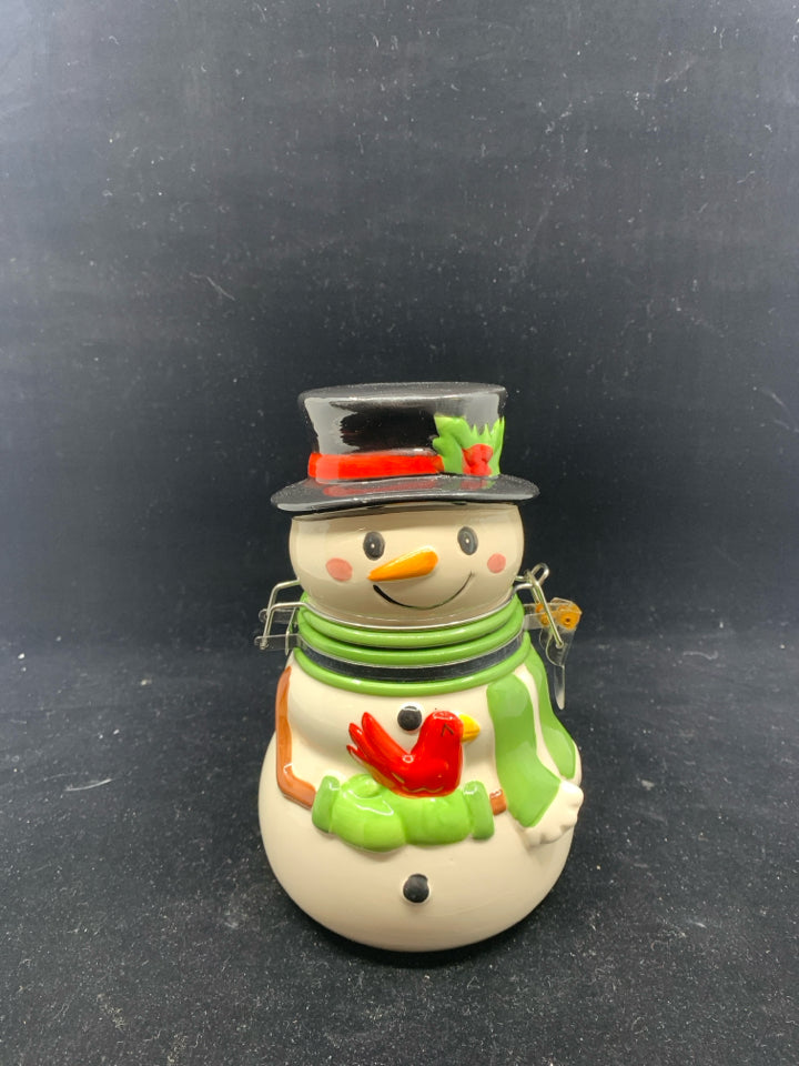 SNOWMAN W METAL CLASP CANISTER.