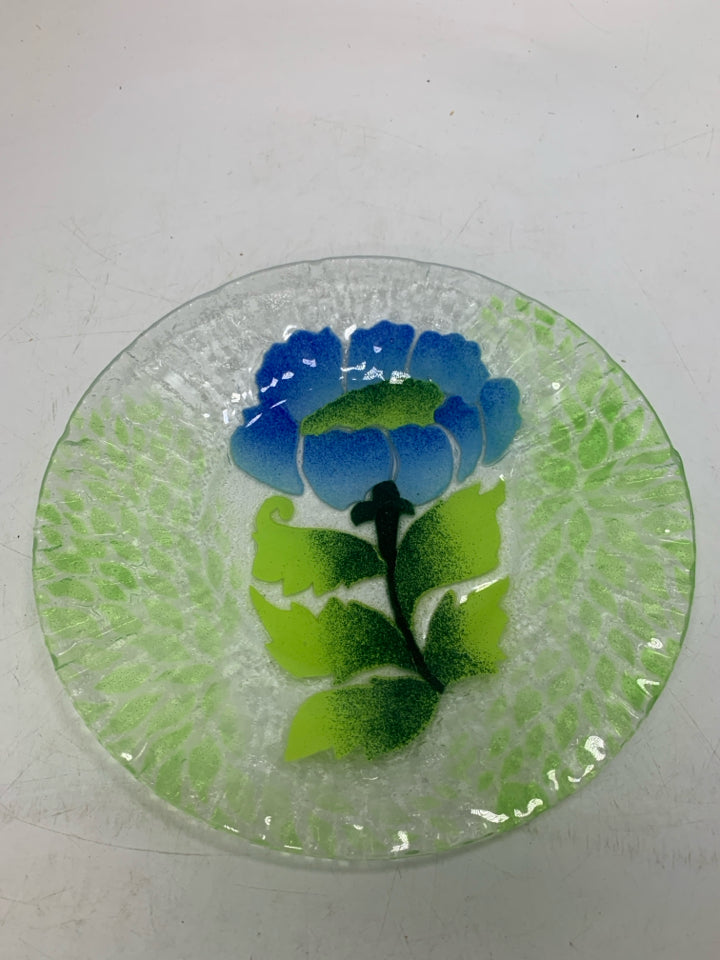 LIGHT BLUE FLOWER FUSED GLASS PLATE *SIGNED.