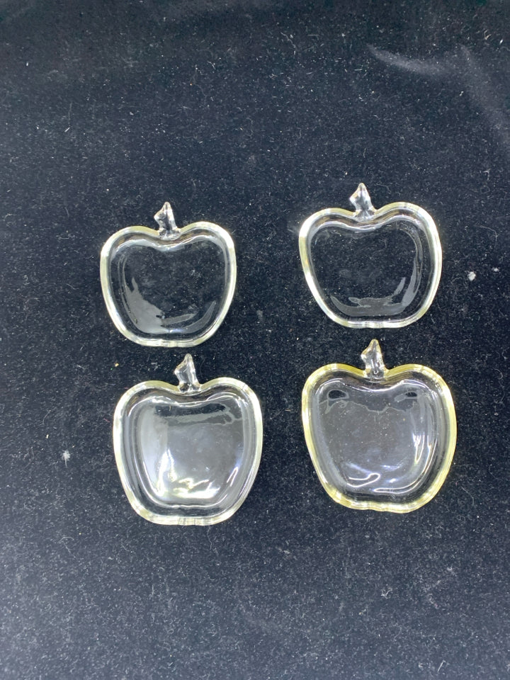 4 MINI CLEAR GLASS APPLE PLATES.