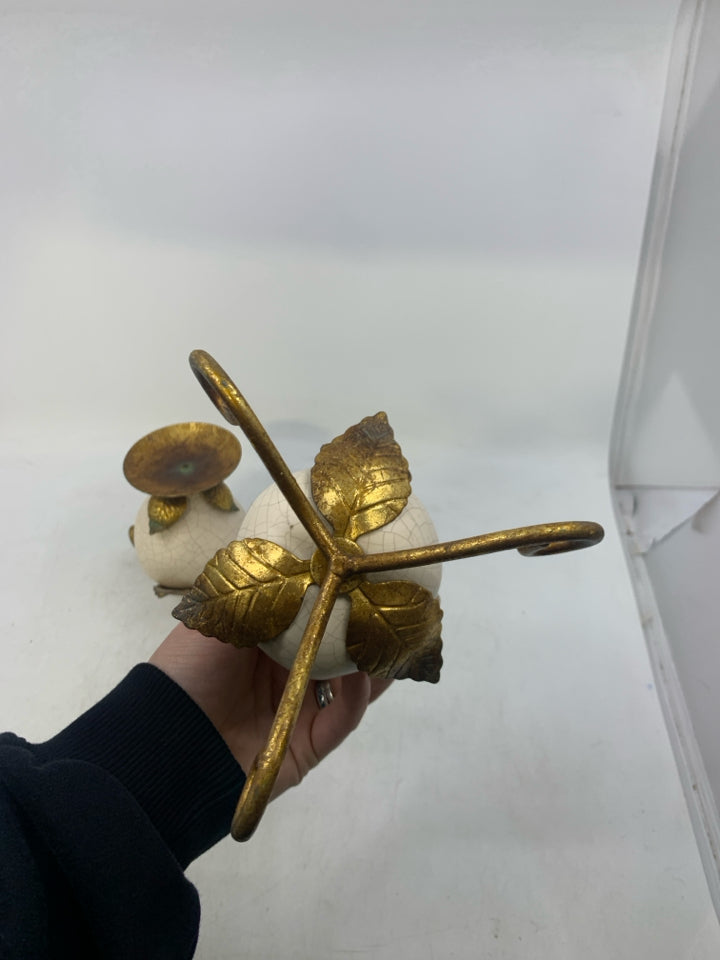 2 GOLD METAL LEG W/ CRACKLE PEAR PILLAR CANDLE HOLDERS.