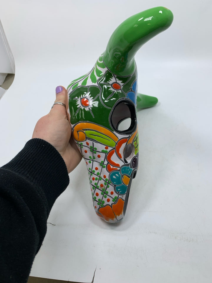 HEAVY COLORFUL TERRA COTTA COW SKULL MEXICAN FOLK ART.