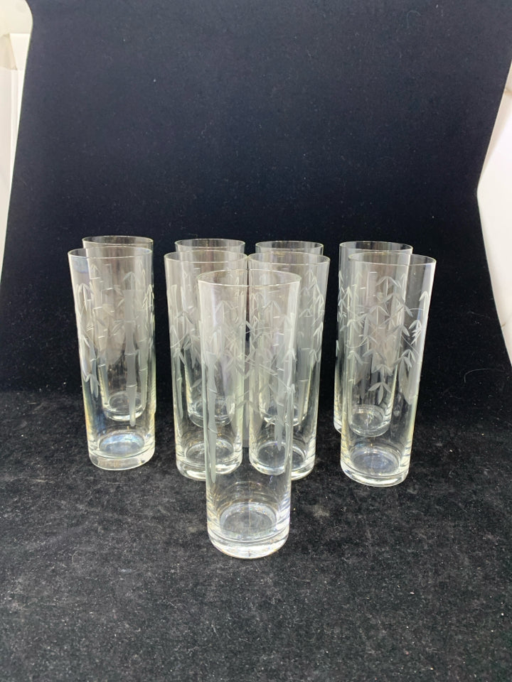 9 VTG SASAKI BAMBOO ETCHED CRYSTAL HIGHBALL GLASSES.
