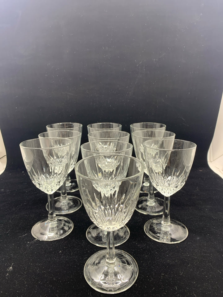 10 FOOTED CUT GLASS WINE GLASSES.