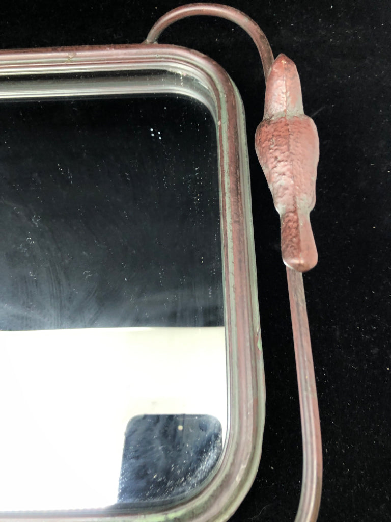 BROWN METAL MIRRORED TRAY BIRD HANDLES.