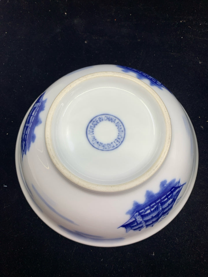 2 BLUE AND WHITE SHIP SERVING BOWLS.