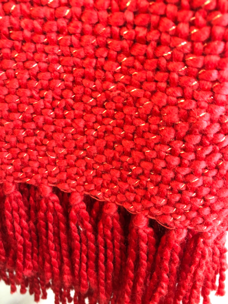 NEW RED CROCHET THROW GREEN, WHITE STRIPE.