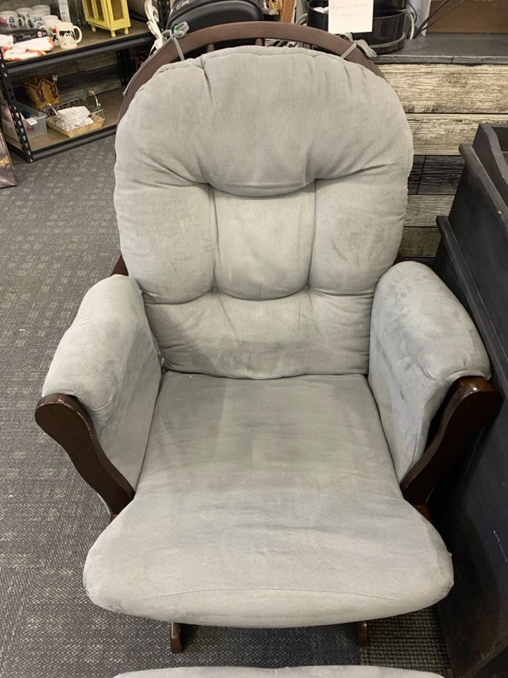 DARK WOOD GLIDER W/ OTTOMAN GREY CUSHION.