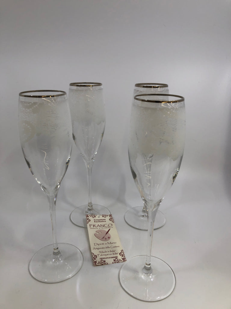 4PC FRANCO CHAMPAGNE GLASSES W/LACE DESIGN.