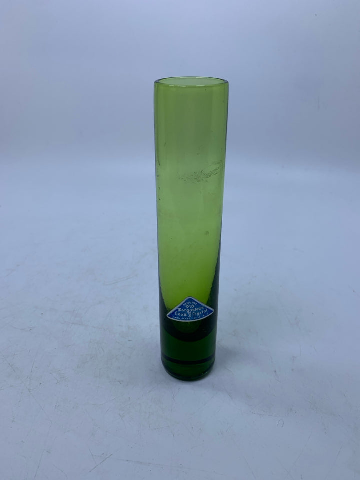 GREEN GLASS CYLINDER VASE HEAVY BOTTOM.