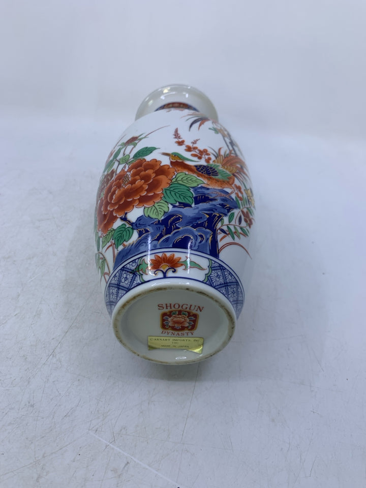 WHITE VASE W/ ORANGE FLOWERS BIRDS/ BLUE DETAILS.