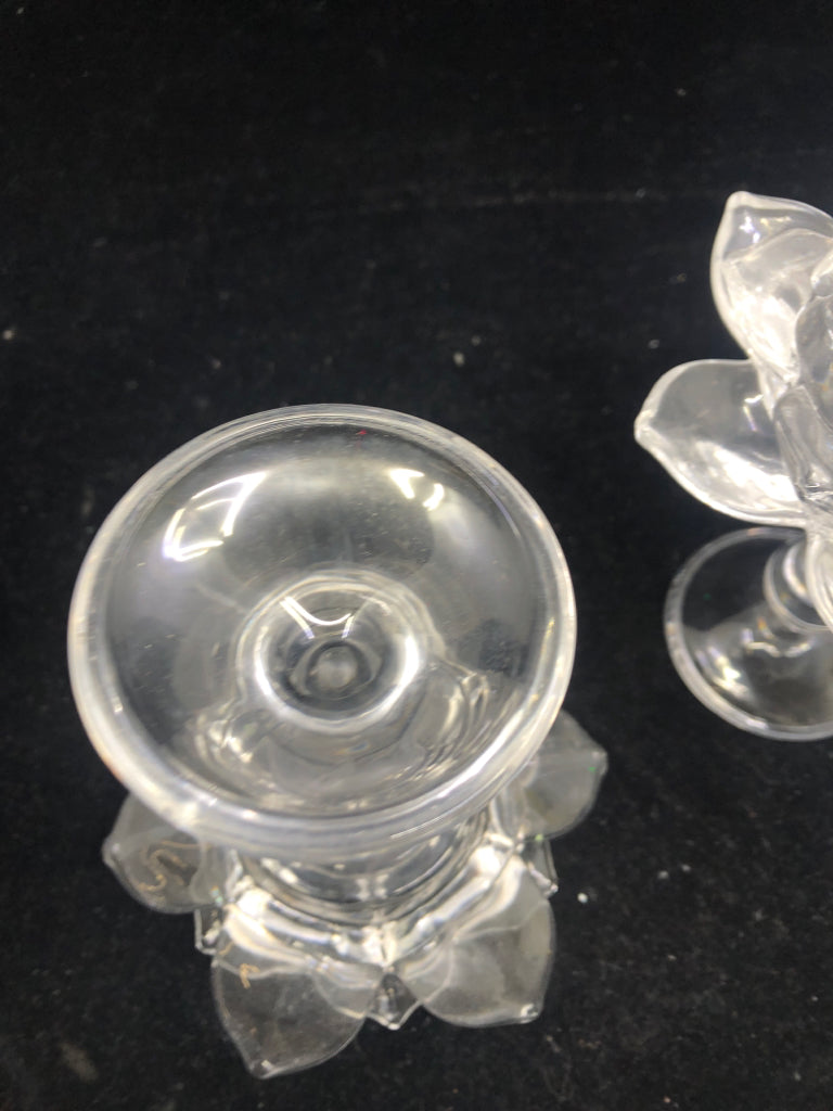 2 GLASS LOTUS TAPERED CANDLE HOLDERS.