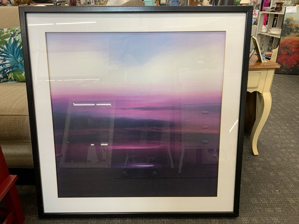 LARGE PURPLE/BLUE/BLACK OMBRE WALL HANGING IN BLACK FRAME.