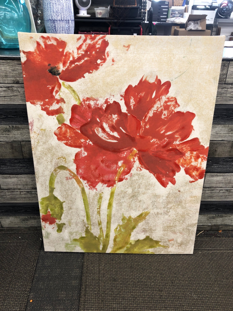 RED FLORAL TEXTURED CANVAS PRINT.