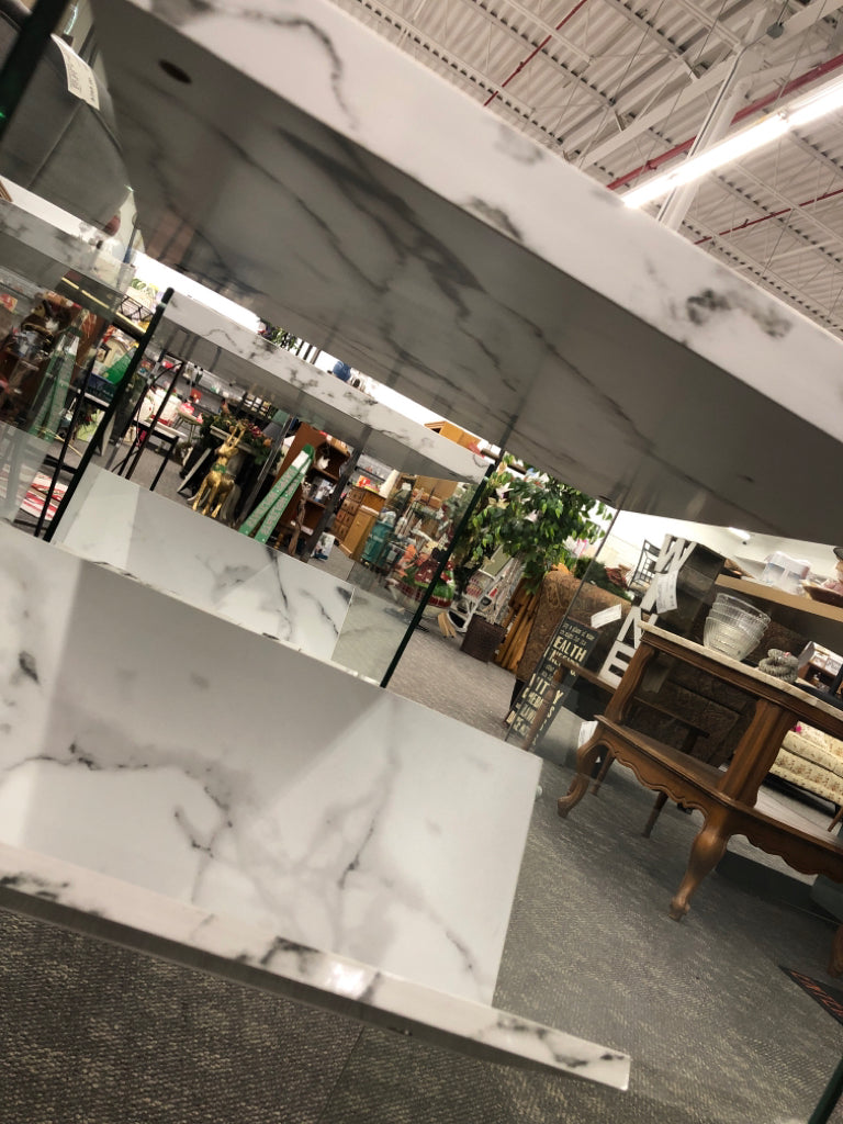 FAUX MARBLE END TABLE W/GLASS SIDES & FAUX MARBLE SLANTED SHELF.