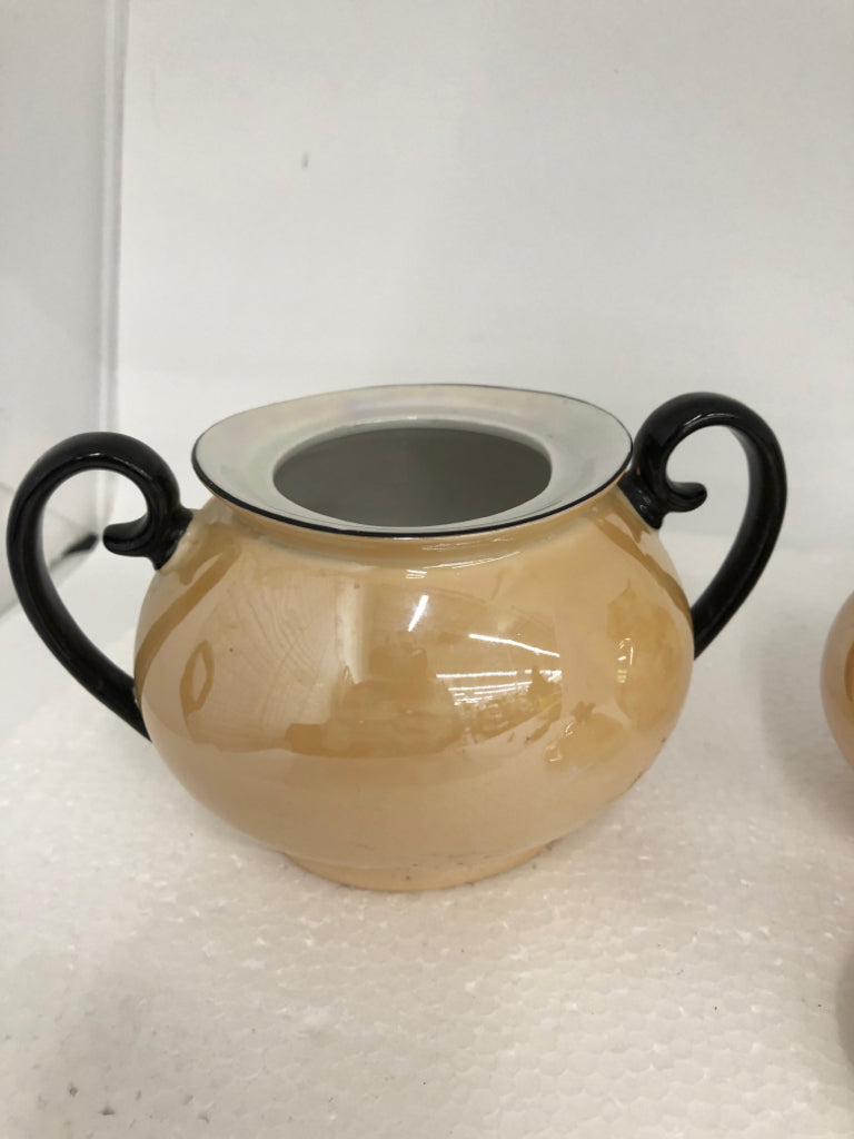 2 PC VTG PEACH IRIDESCENT SUG/CREAMER W/ BLACK HANDLES LAUREL CHINA.