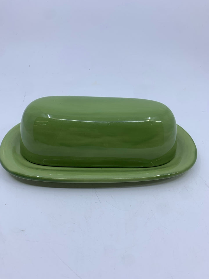 GREEN POTTERY BARN BUTTER DISH.
