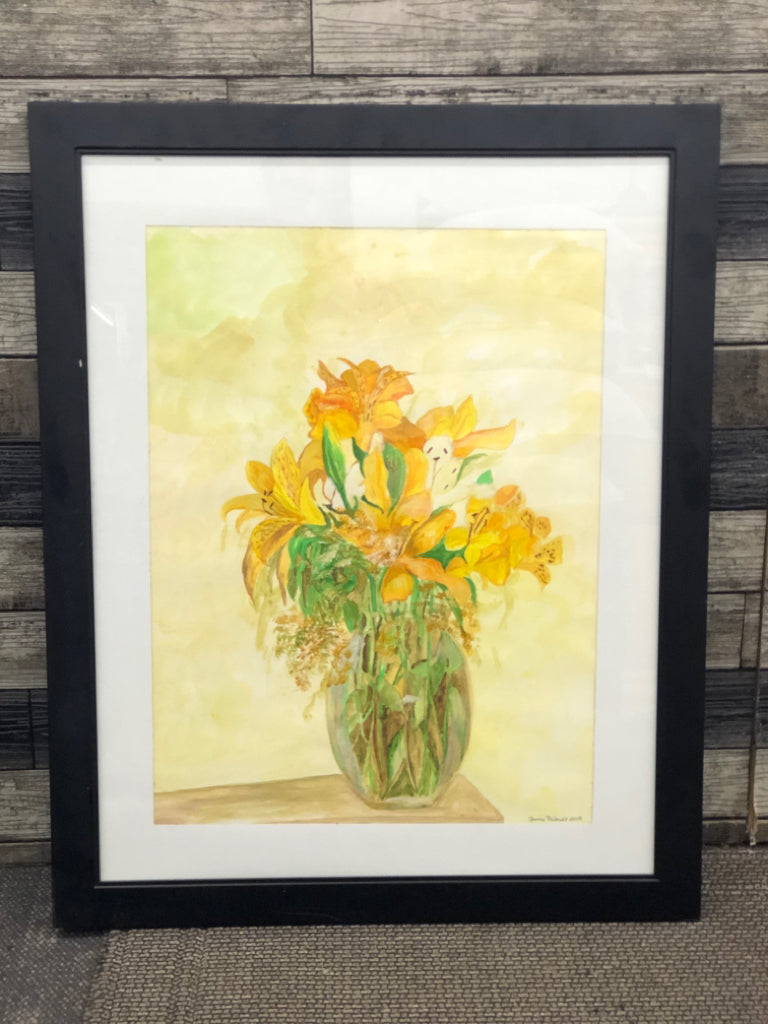YELLOW FLORAL IN BLACK FRAME WALL ART.