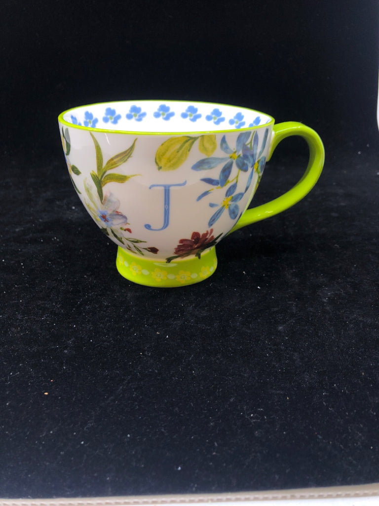 FOOTED FLORAL MUG W/ MONOGRAM J.