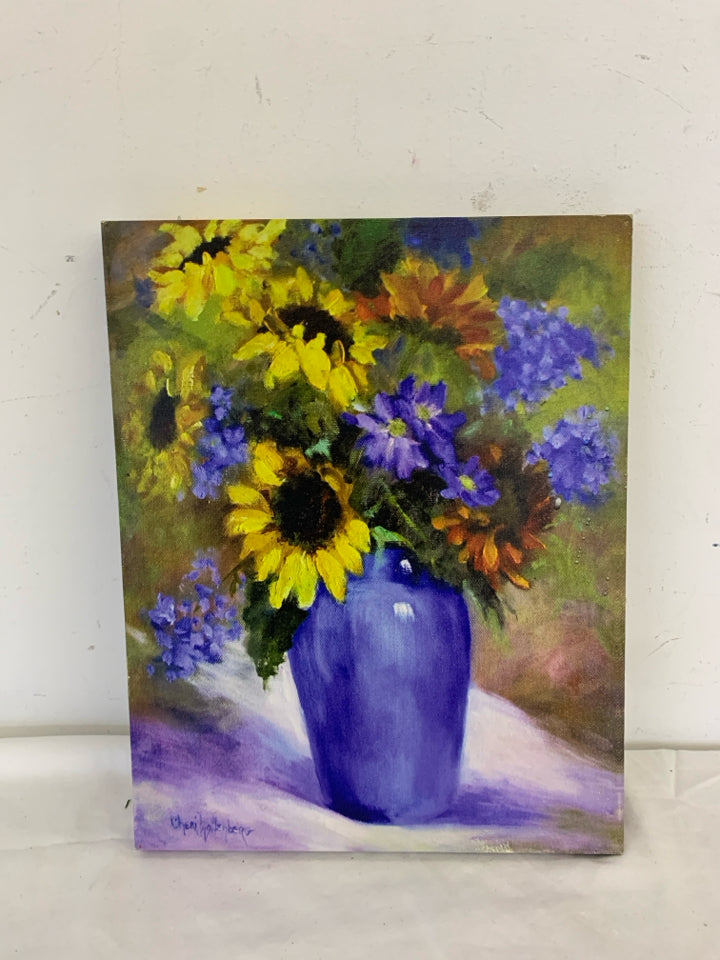 SUNFLOWERS AND PURPLE FLORAL IN BLUE VASE CANVAS WALL ART.