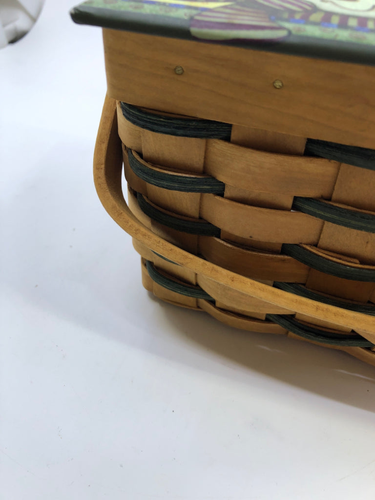 BLONDE & GREEN WEAVE BASKET WITH SNOWMEN LID.
