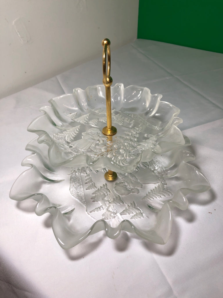 2 TIER GLASS SERVER W/ EMBOSSED GIRL LOOKING AT TREE.