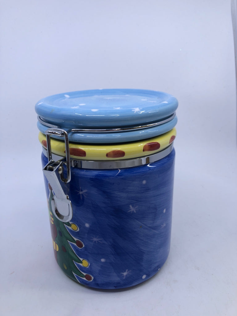 BLUE SANTA CANISTER W CHRISTMAS TREE.