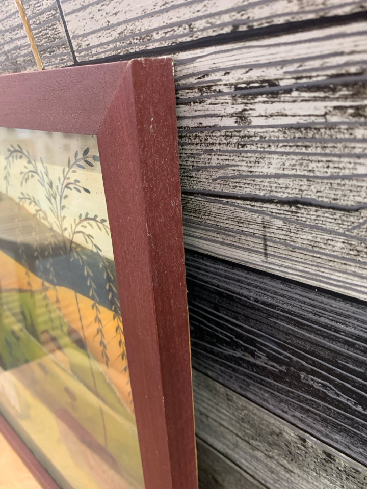 "ORCHARD HILL" RED FRAMED LANDSCAPE.