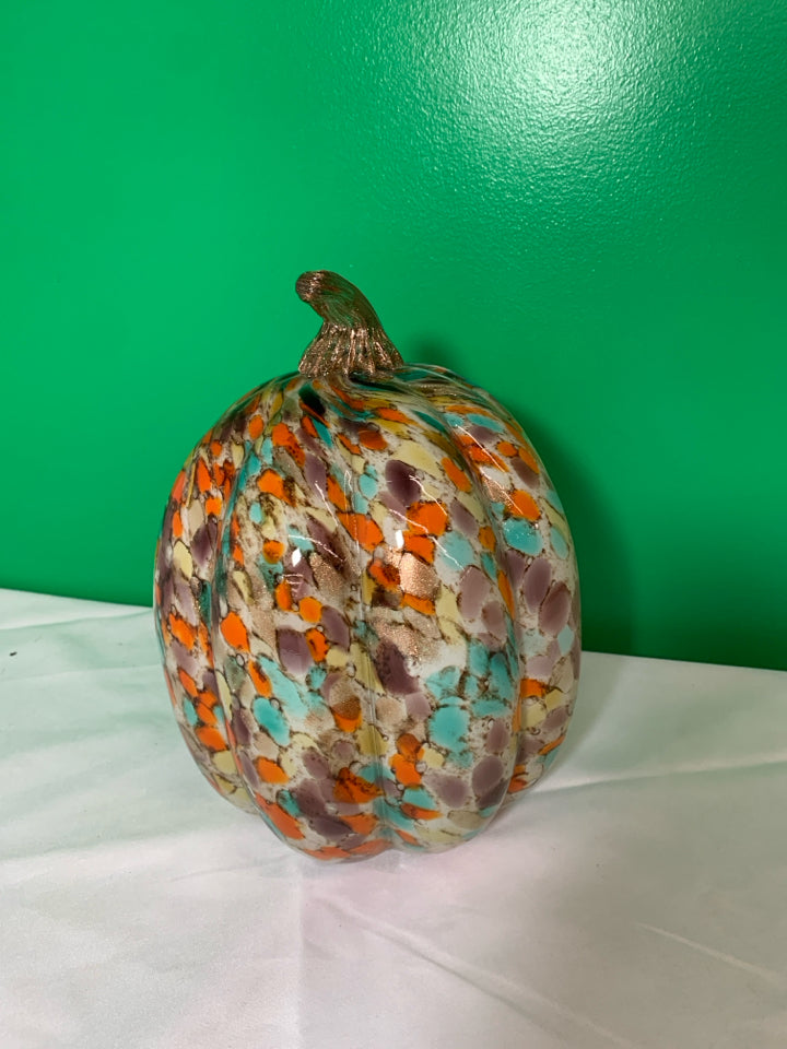 COLORFUL DOTS BLOWN GLASS PUMPKIN W/GLITTER GOLD STEM.