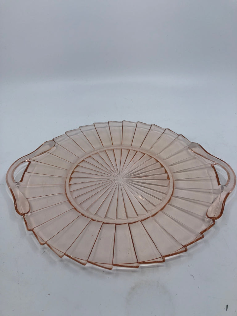 VTG PINK DEPRESSION GLASS SERVER W HANDLES.