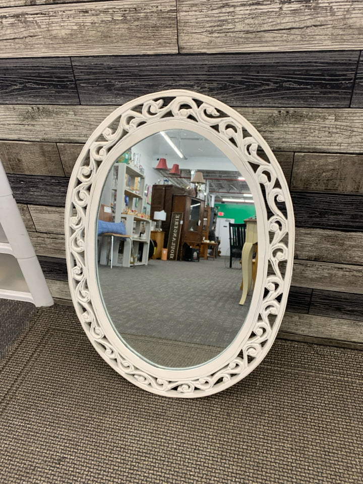 WHITE WOOD SCROLL MIRROR.