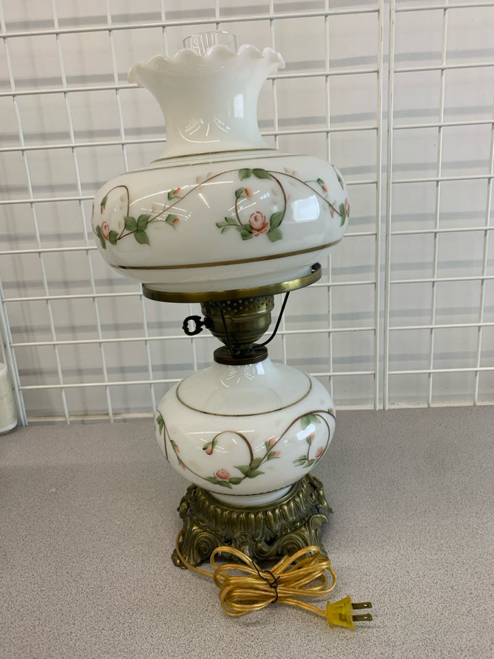 VTG MILK GLASS & ROSE HURRICANE PARLOR LAMP.