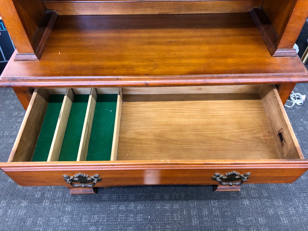 VTG LARGE WOOD HUTCH W GLASS DOORS, CABINET AND DRAWER.