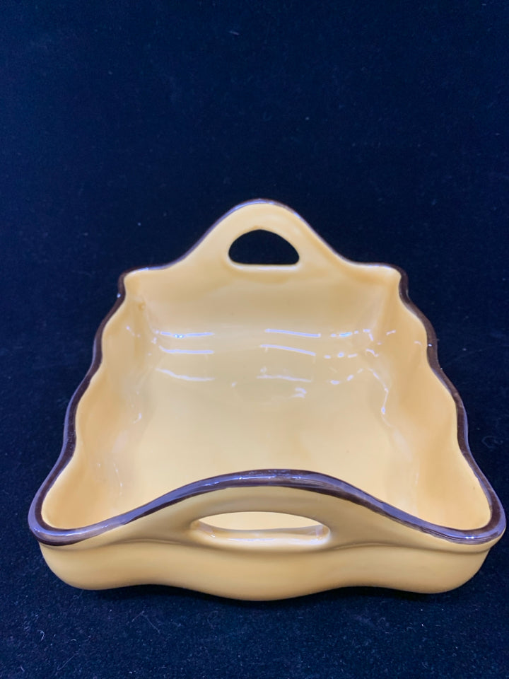 SMALL YELLOW SQUARE BROWN EDGE HANDLES BAKING DISH.