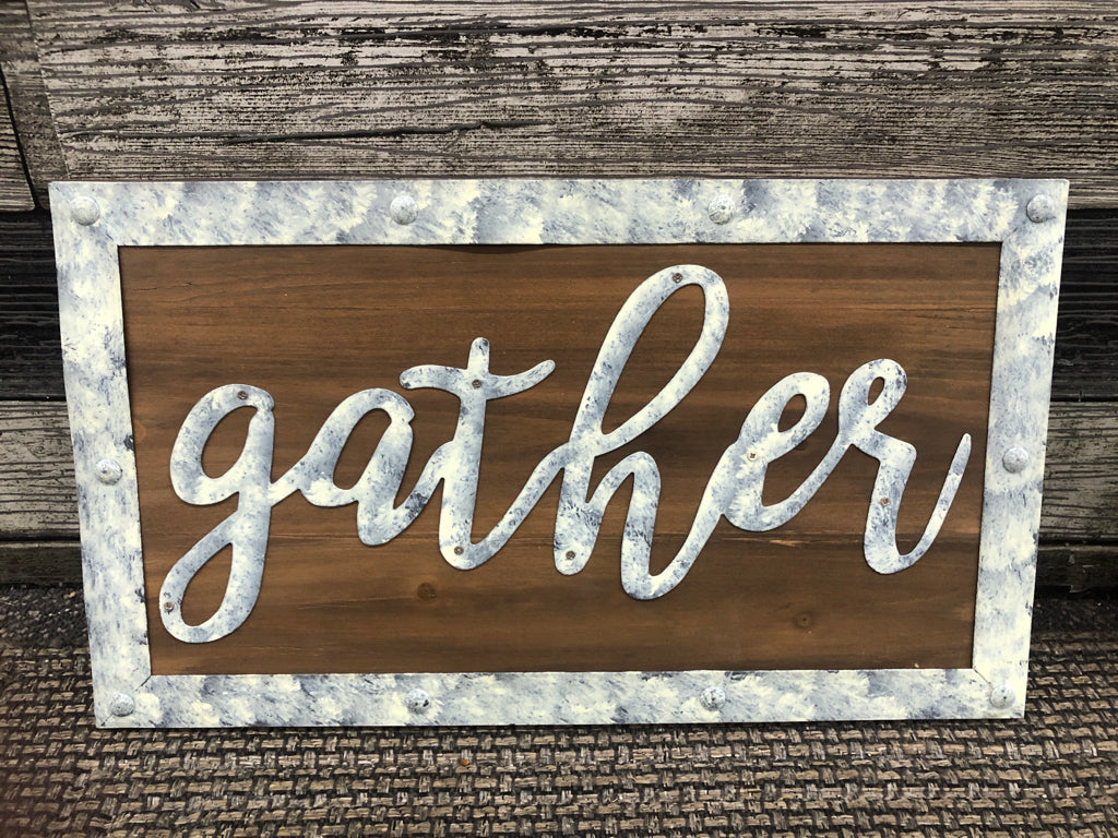 GATHER GALVANIZED METAL WOOD WALL ART.