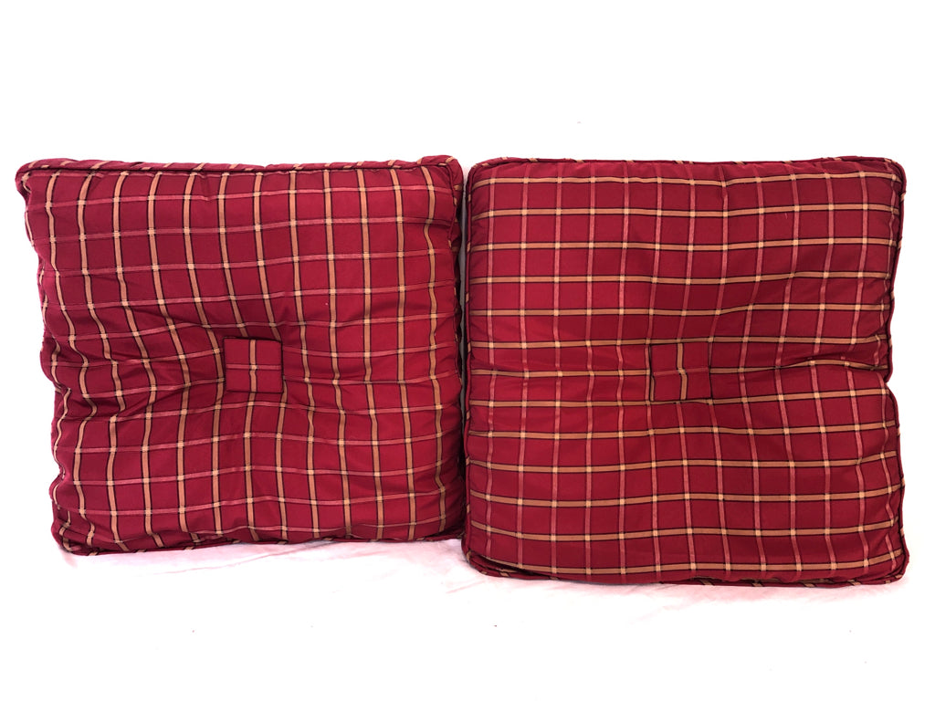 2 RED PLAID SEAT CUSHIONS.