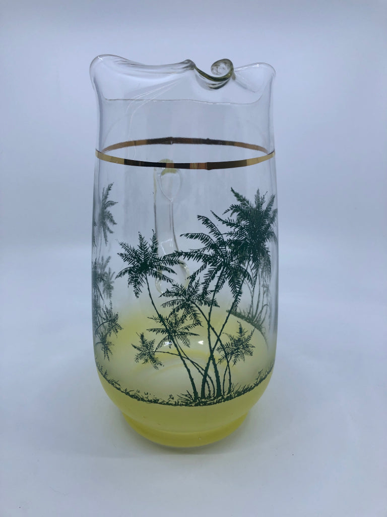 VTG BLENDO YELLOW FROSTED W/ PALM TREES PITCHER.