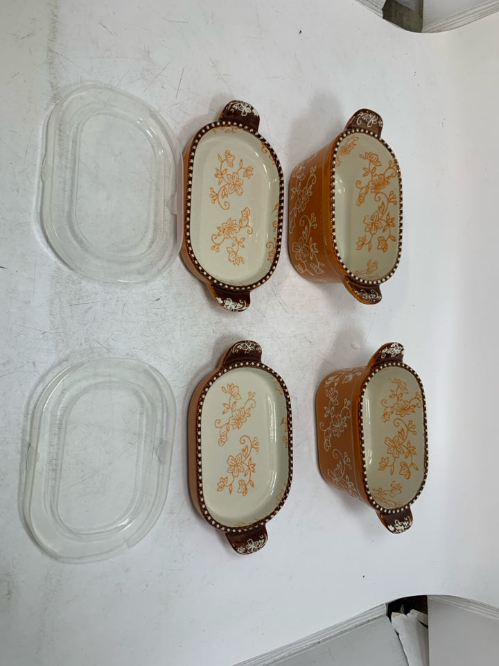 6 PC SVC 2 FLORAL LACE RAMEKIN OVAL BAKERS W/ CERAMIC LIDS/PLASTIC LIDS.