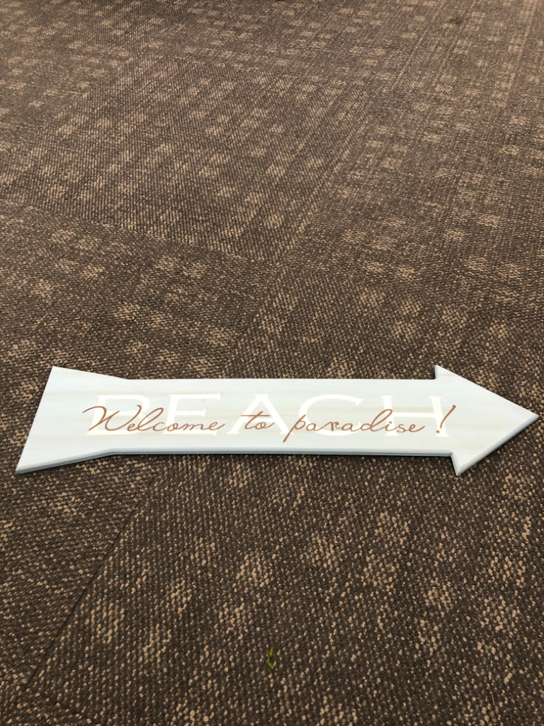 WELCOME TO PARADISE BLUE ARROW WOOD SIGN.