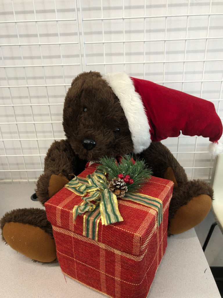 LARGE PLUSH BEAR W/ SANTA HAT & PRESENT.