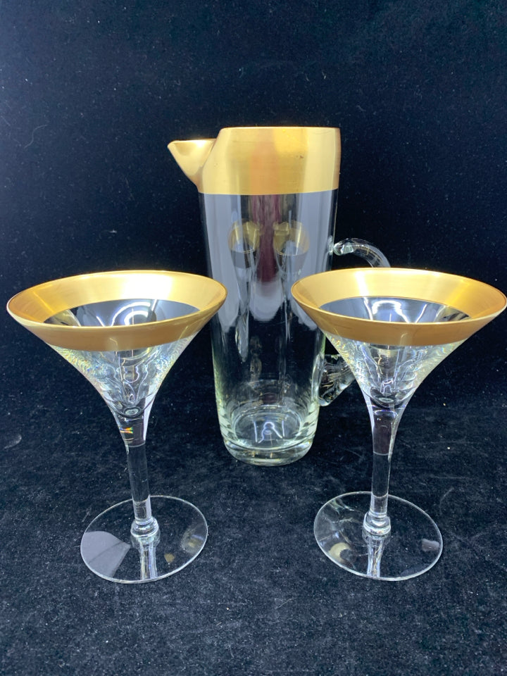 3PC GOLD RIM MARTINI SERVING SET- 2 GLASSES, 1 PITCHER.