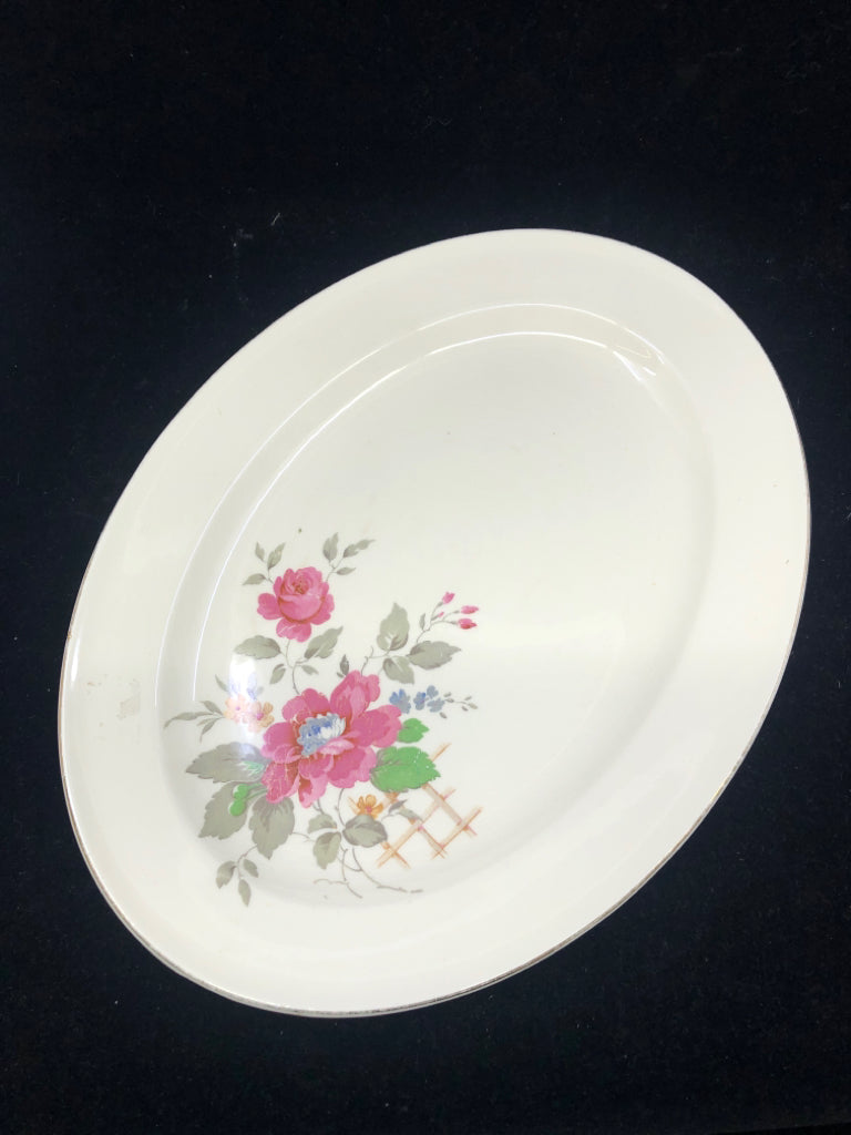 VTG OVAL IVORY PLATE WITH PINK FLOWER GOLD RIM.