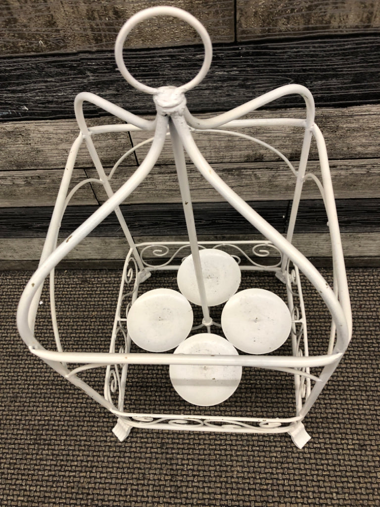 WHITE METAL CANDLE HOLDER BIRDCAGE HANGING CENTERPIECE.