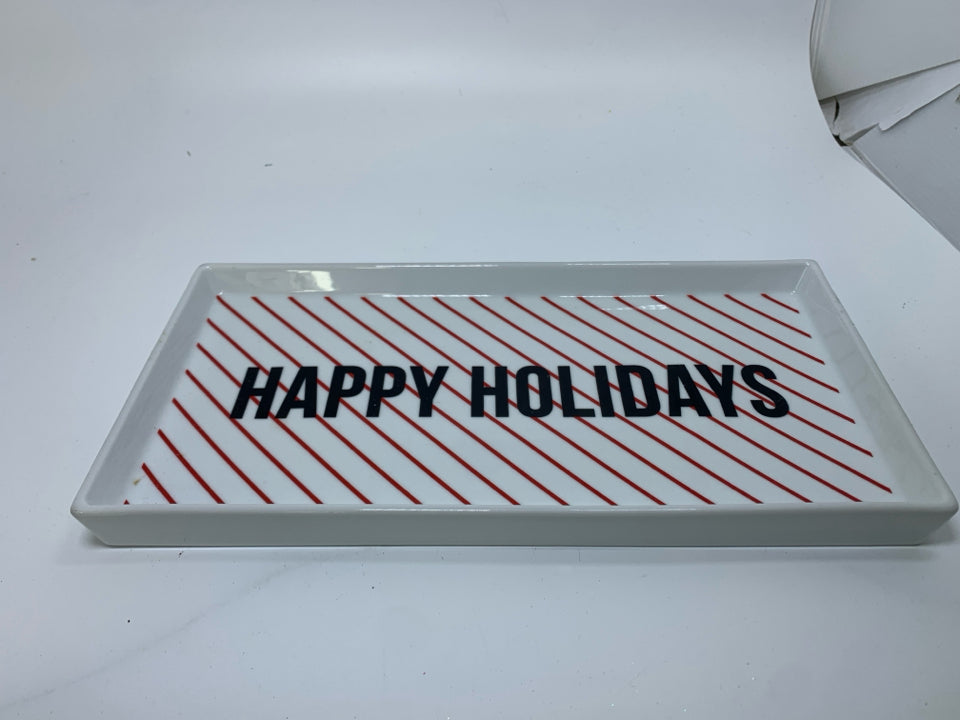 WHITE RECTANGLE POTTERY BARN HAPPY HOLIDAYS RED STRIPED TRAY.