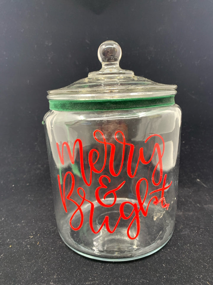 MERRY AND BRIGHT CANISTER/ COOKIE JAR W GREEN RIBBON.