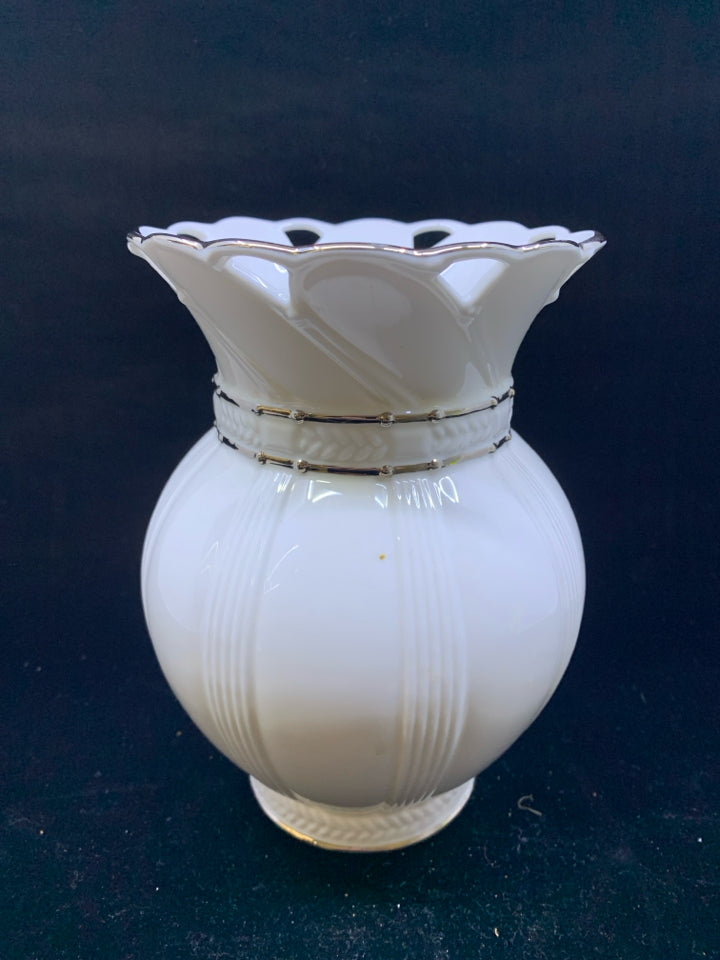 LENOX WHITE VASE W SILVER RIM AND CUT OUT FLARED TOP.