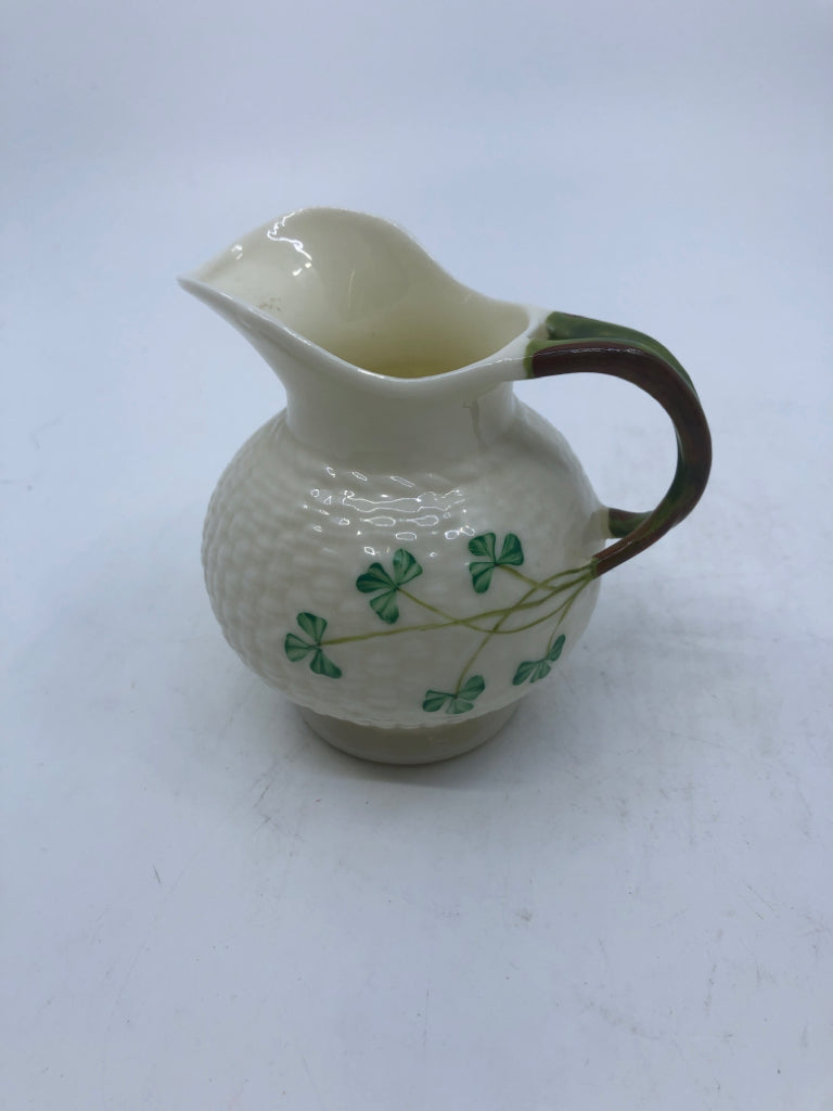 BELLEEK BASKET WEAVE PATTERN W/ SHAMROCKS CREAMER.